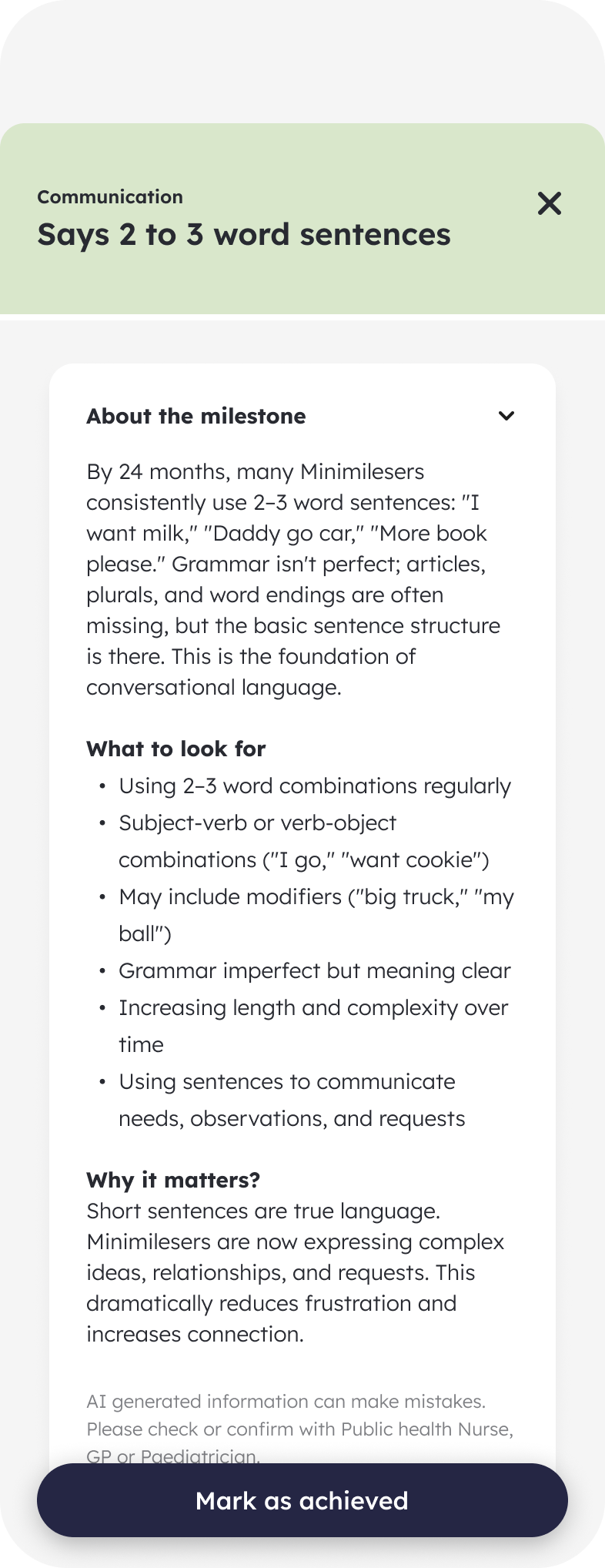 Minimiles app preview showing the communication milestone “Says 2 to 3 word sentences,” with details about what to look for and why it matters. The screenshot is not interactive.