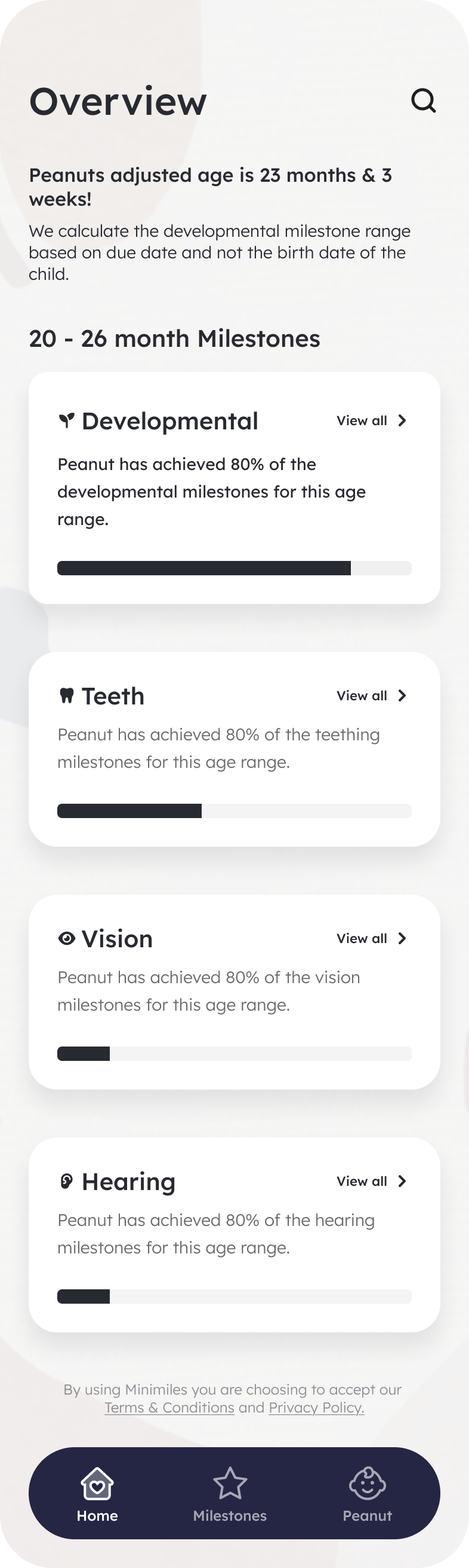 Minimiles overview screen with milestone progress, a sample app preview, not interactive.